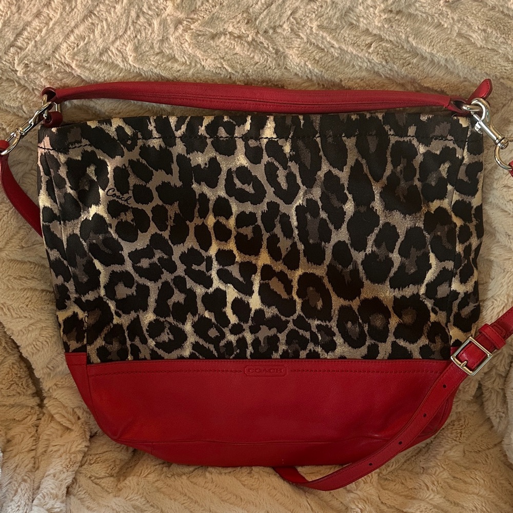 Coach Leopard Print and Red Leather Shoulder Bag